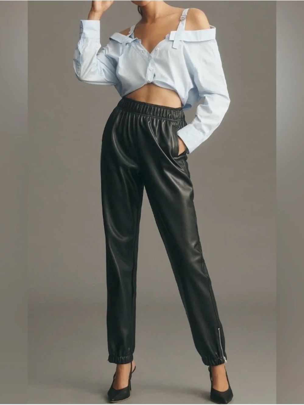 Avec Les Filled | Black Faux Leather Jogger Pants, XL